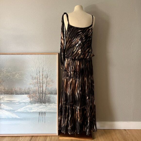 y2k grunge animal‎ print maxi Dress Brown Flowy Slip Fairy prom velour size 8 - Picture 9 of 11